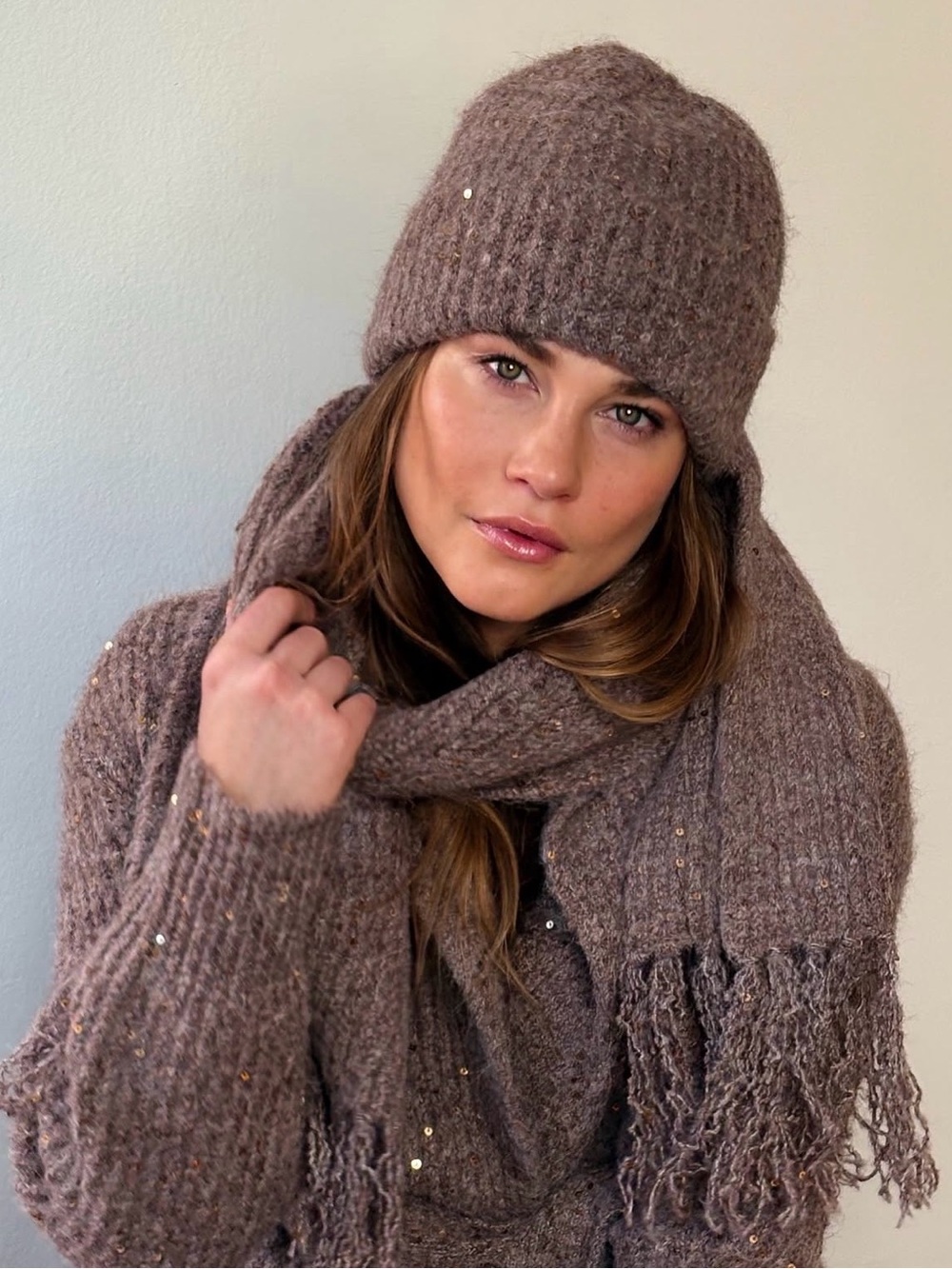 Jocelyn Sequined Rib Knit Scarf in Mocha